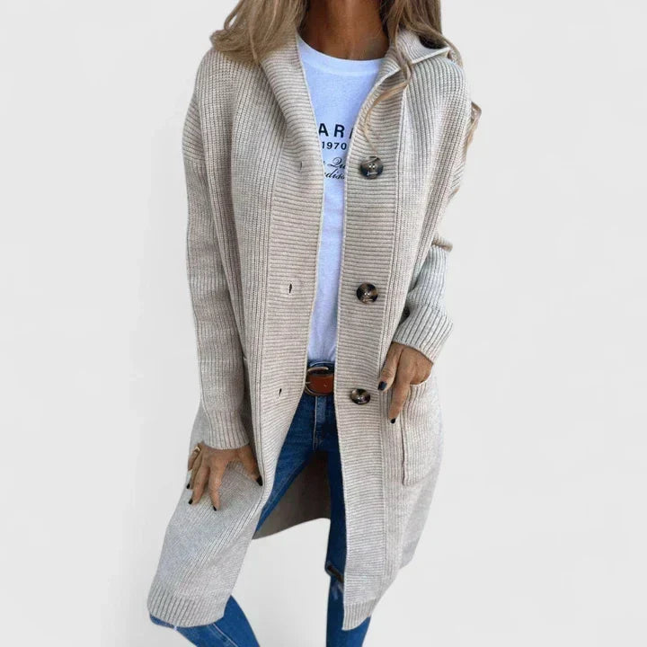 Adaeze | Women's Long Hooded Cardigan Sweater - Beige - Image 1