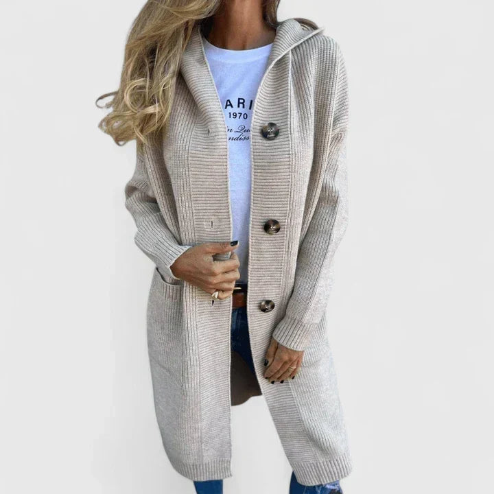 Adaeze | Women's Long Hooded Cardigan Sweater - Beige - Image 2