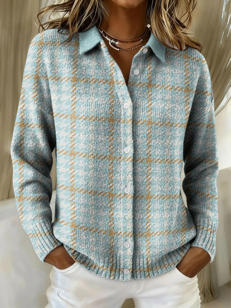 Aldene | Women's Plaid Button-Up Cardigan Sweater - Light Blue - Image 1