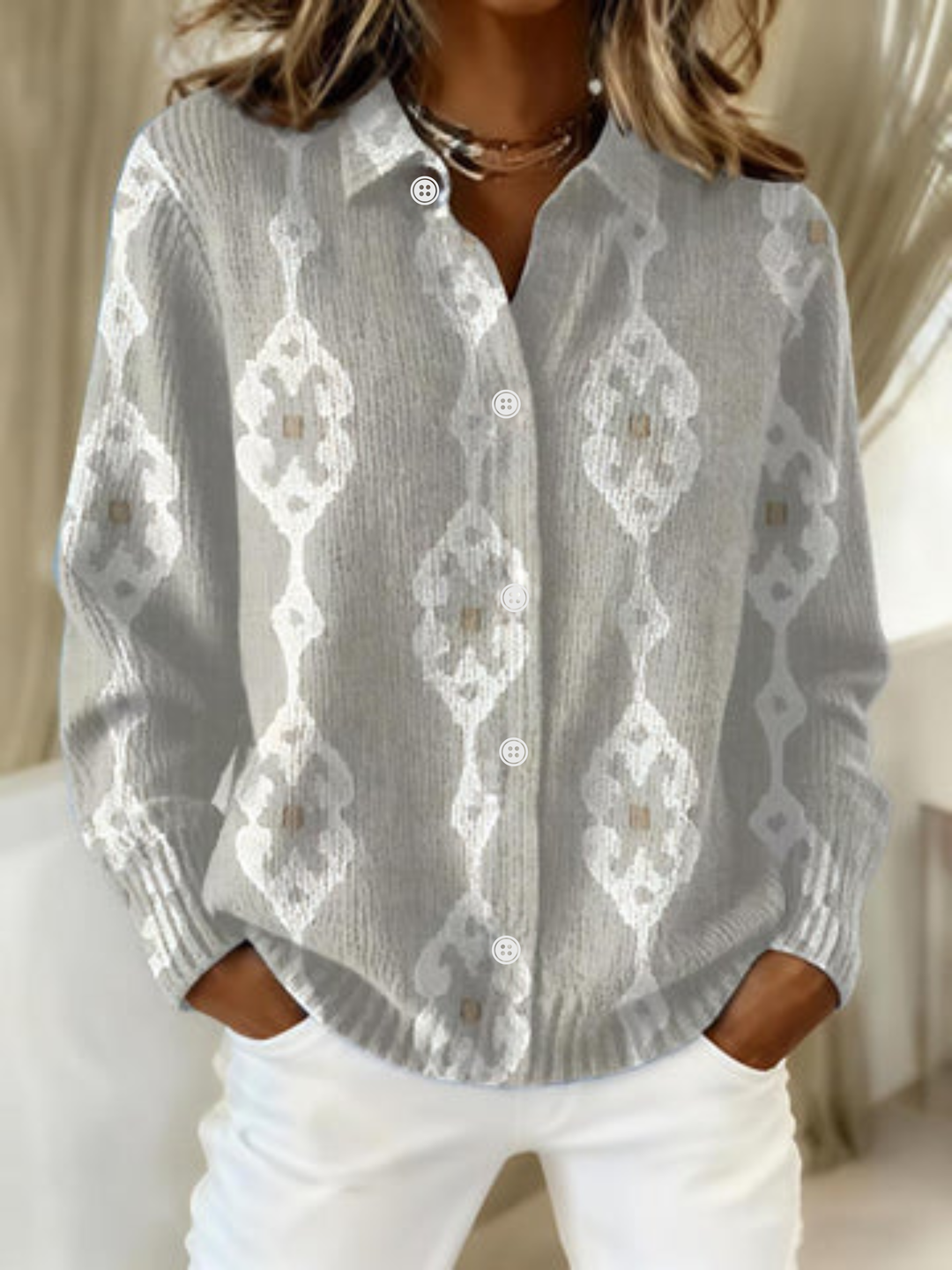 Aldora | Women's Geometric Print Cardigan Sweater - Light Grey - Image 1