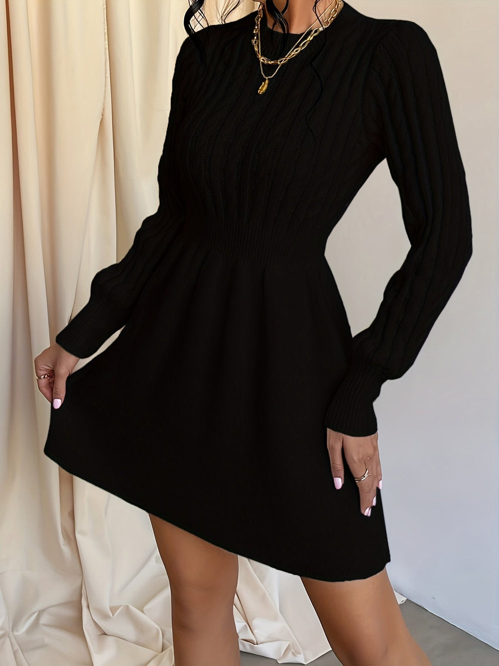 Brellwyn | Women's Cable Knit Sweater Dress Mini - Cream - Image 2