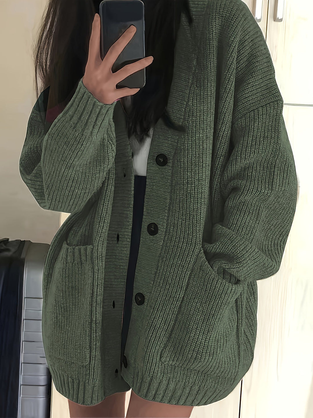 Brenna | Women's Oversized Cardigan Sweater - Dark Green - Image 1