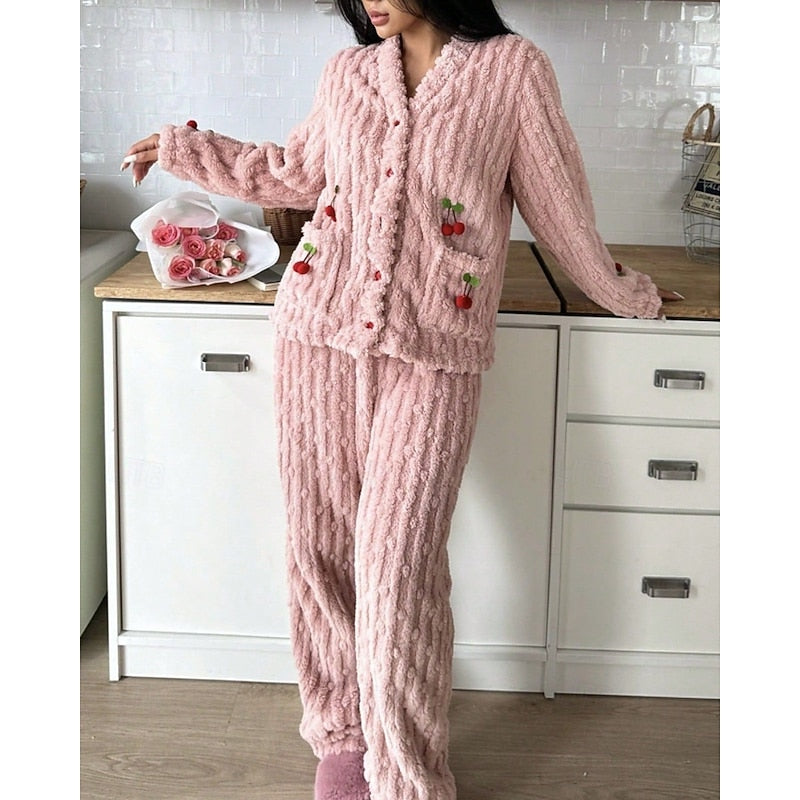 Brenvelle | Women's Fleece Loungewear Two-Piece Set - Pink - Image 1
