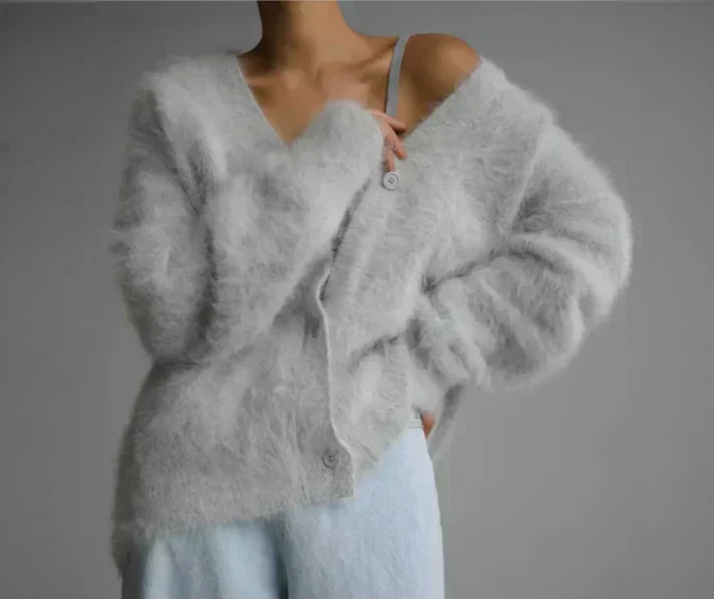 Briallen | Women's Oversized Fuzzy Cardigan Sweater - Taupe - Image 2