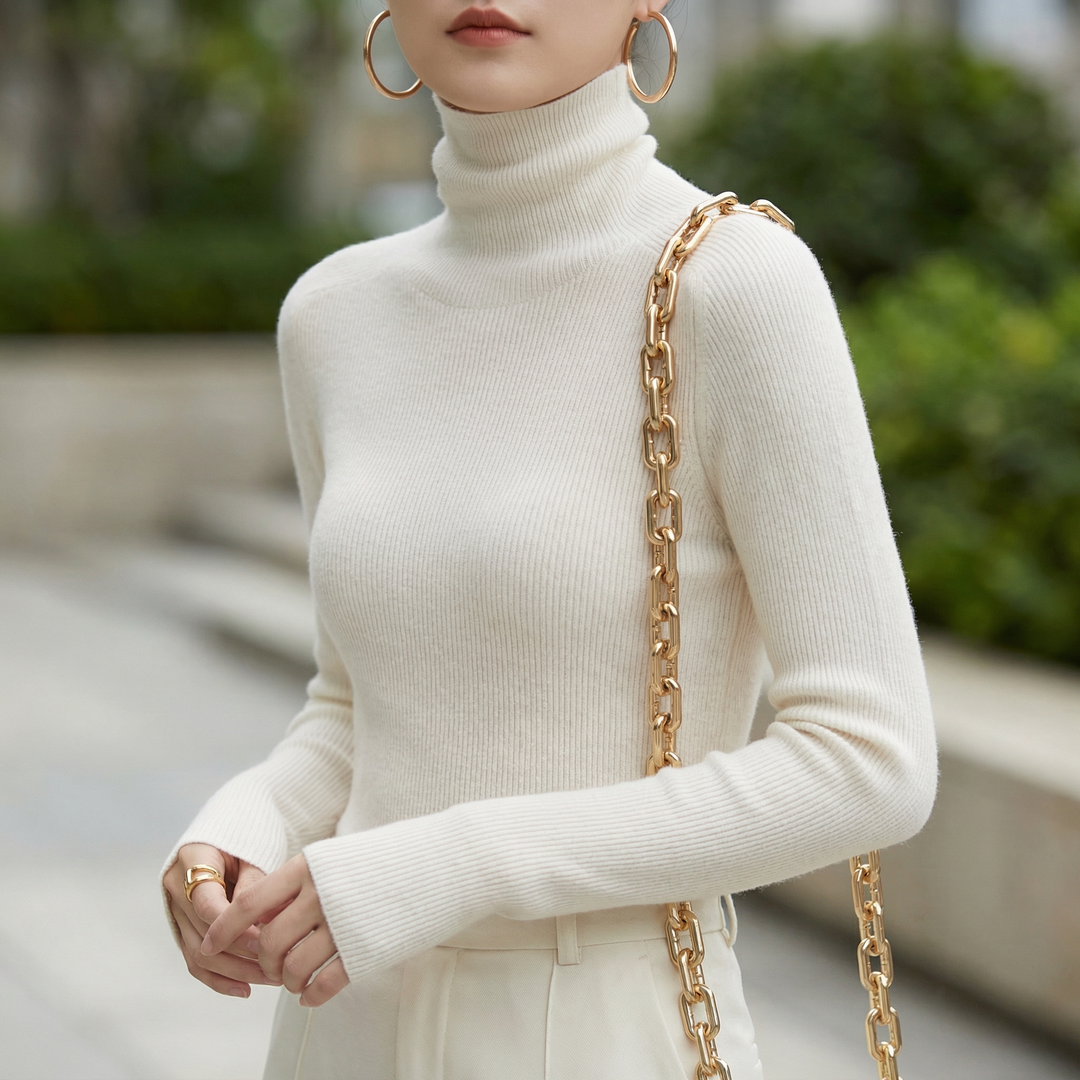 Caellwyn | Women's Turtleneck Ribbed Knit Sweater - Cream - Image 1
