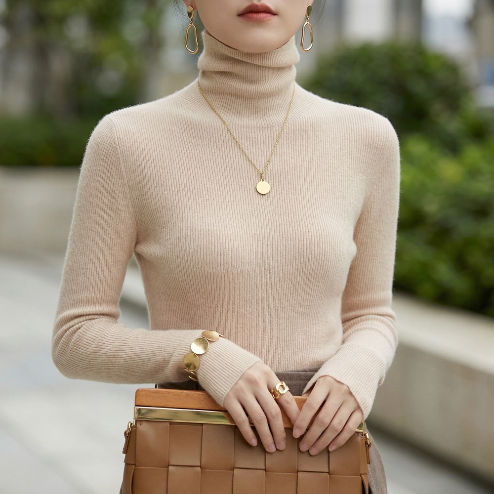Caellwyn | Women's Turtleneck Ribbed Knit Sweater - Cream - Image 2