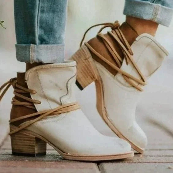 Callindra | Women's Wide Calf Western Cowboy Ankle Boots - Cream - Image 1