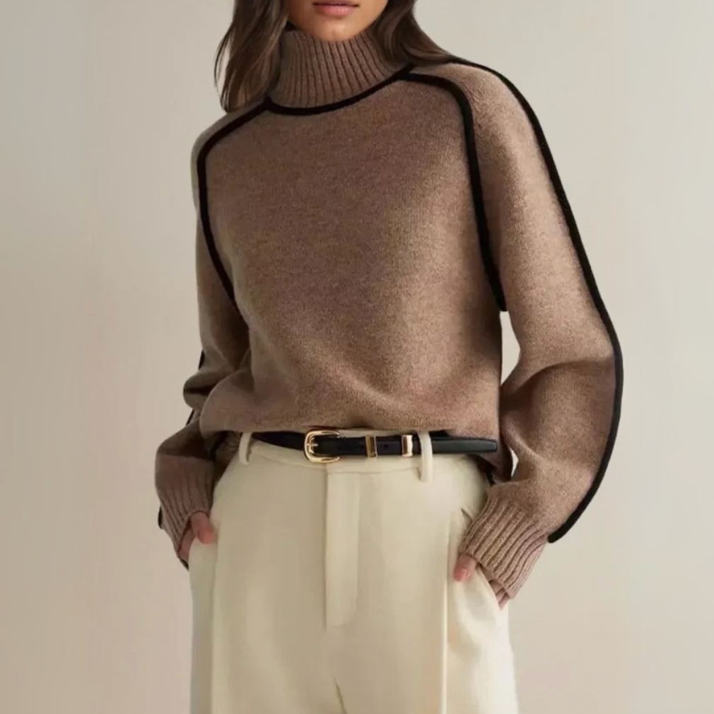 Calvessa | Women's Oversized Turtleneck Knit Sweater - Taupe - Image 1