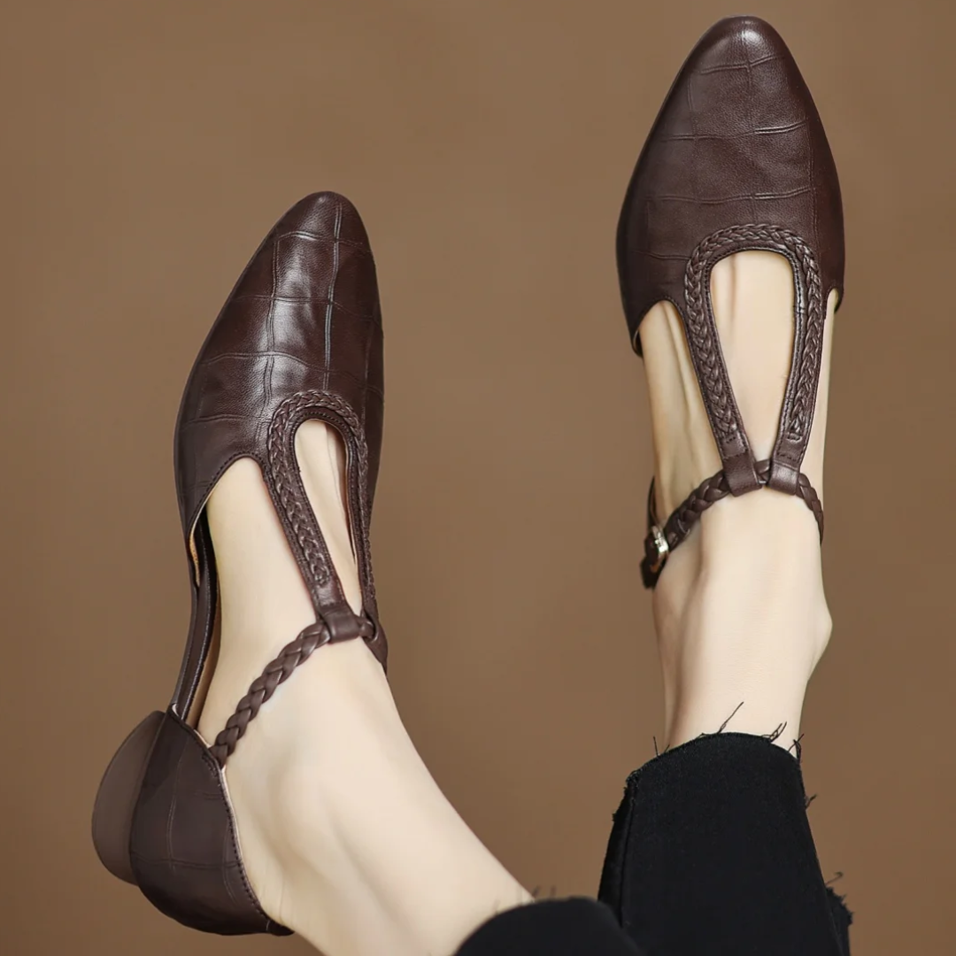 Calveth | Women's Mary Jane T-Strap Pointed Toe Flats - Dark Brown - Image 1