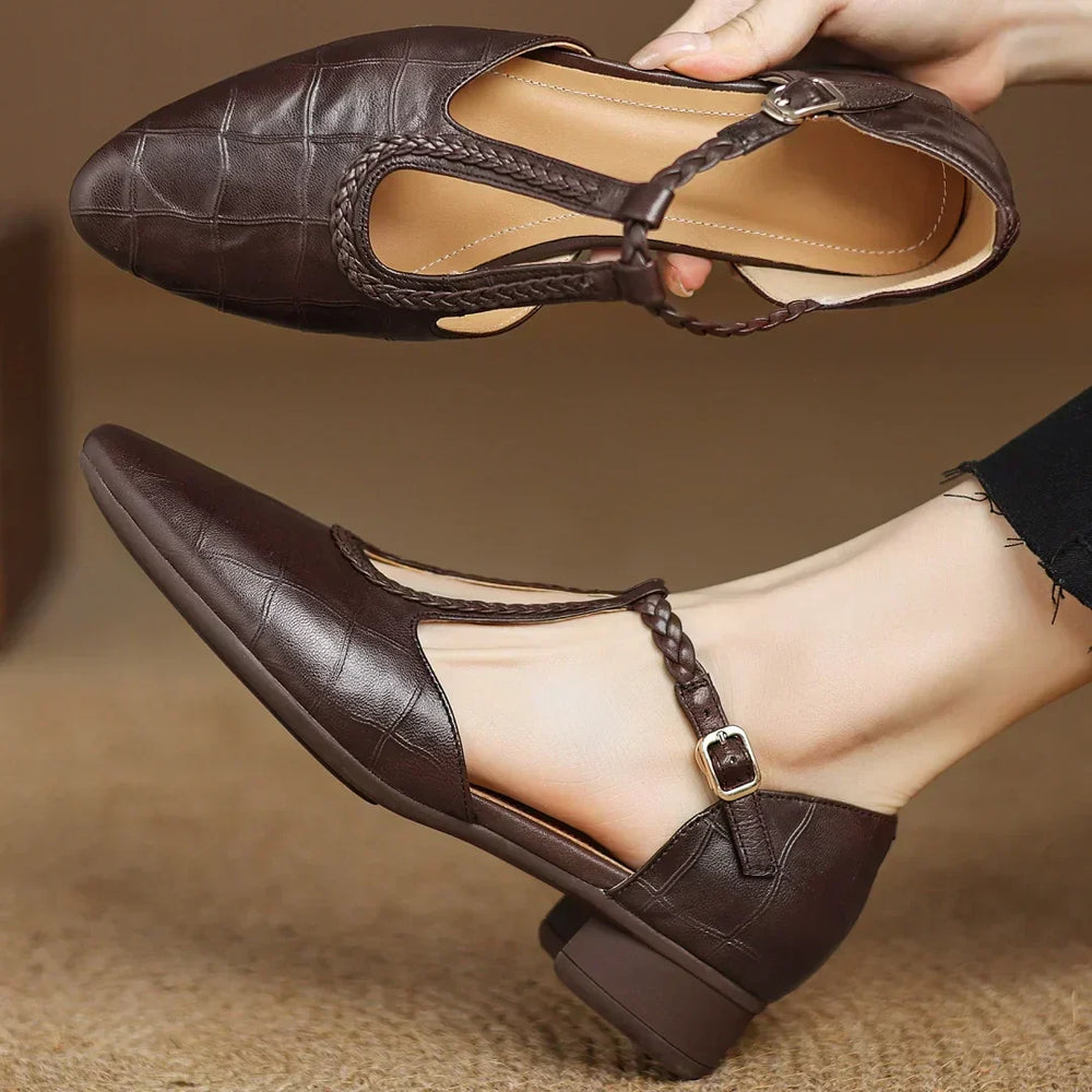 Calveth | Women's Mary Jane T-Strap Pointed Toe Flats - Dark Brown - Image 2