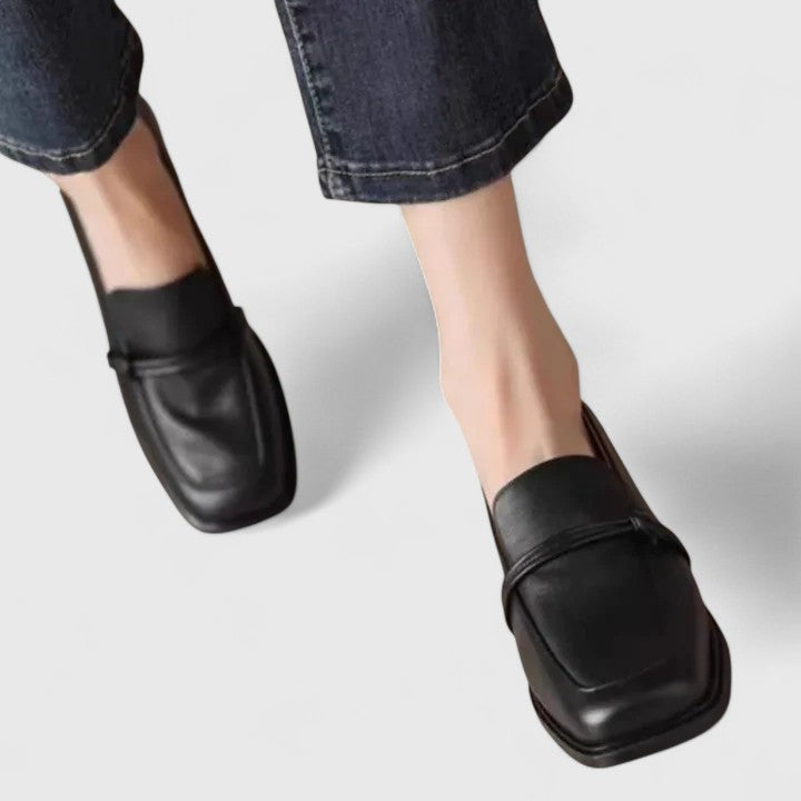 Calveth | Women's Square Toe Penny Loafer Flats - Black - Image 1