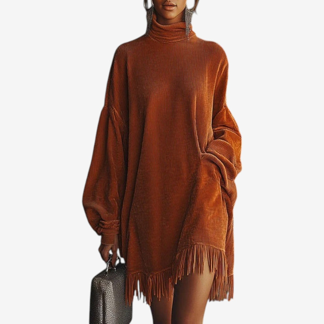 Calveth | Women's Turtleneck Sweater Dress with Fringe - Brown - Image 1