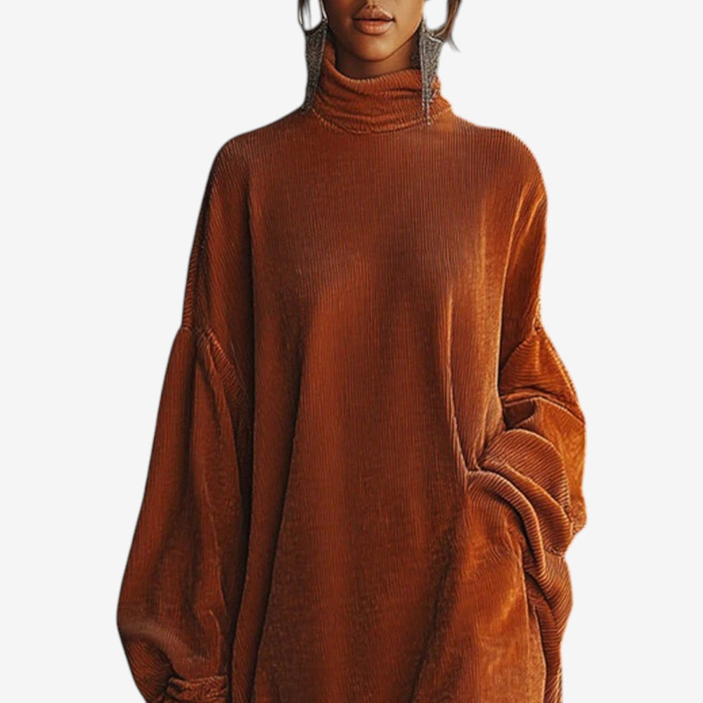 Calveth | Women's Turtleneck Sweater Dress with Fringe - Brown - Image 2