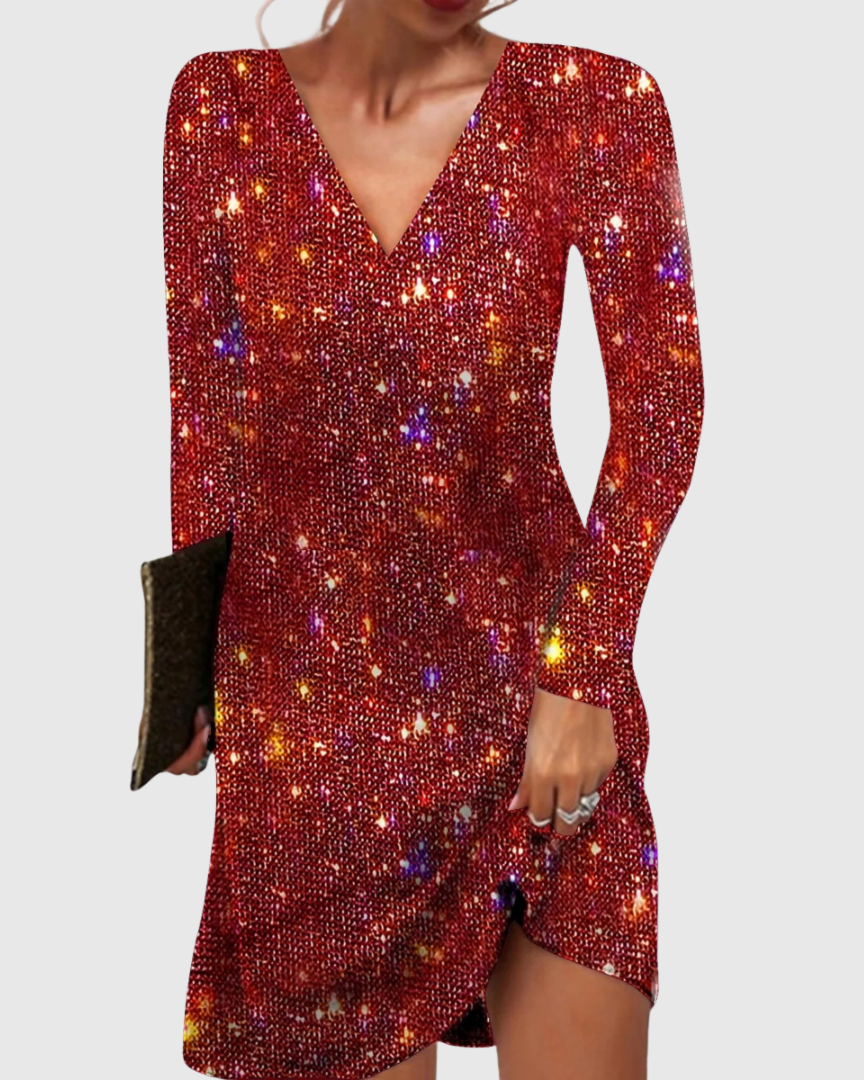 Cavrelle | Women's Long Sleeve Sequin Mini Dress - Red - Image 1