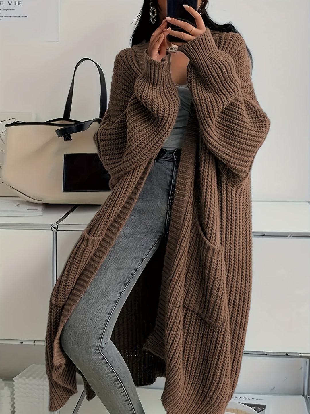 Clareth | Women's Oversized Long Cardigan Sweater - Brown - Image 1