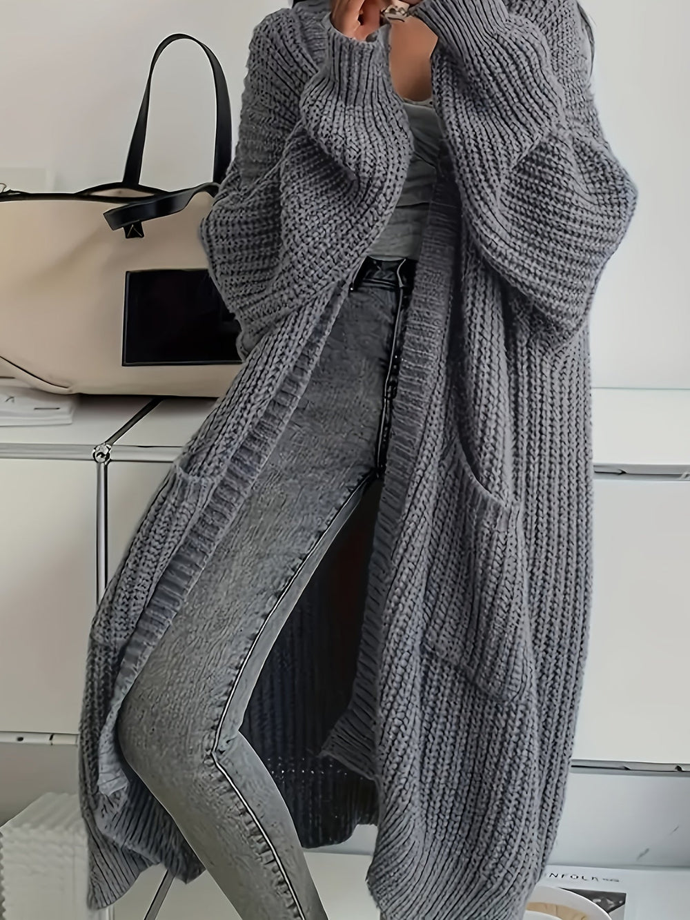 Clareth | Women's Oversized Long Cardigan Sweater - Brown - Image 2