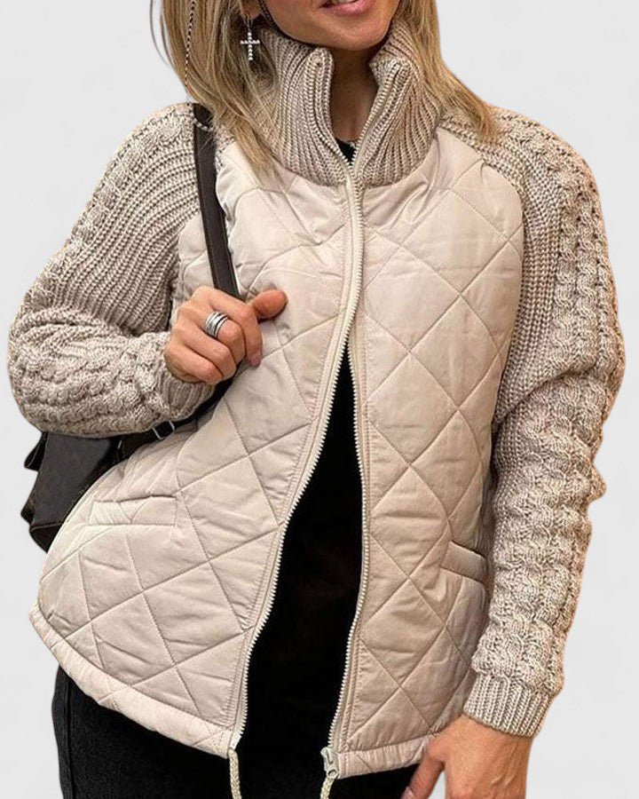 Clavenna | Women's Quilted Jacket with Knit Sleeves - Beige - Image 1