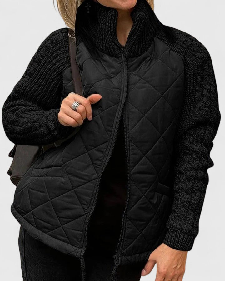 Clavenna | Women's Quilted Jacket with Knit Sleeves - Beige - Image 2