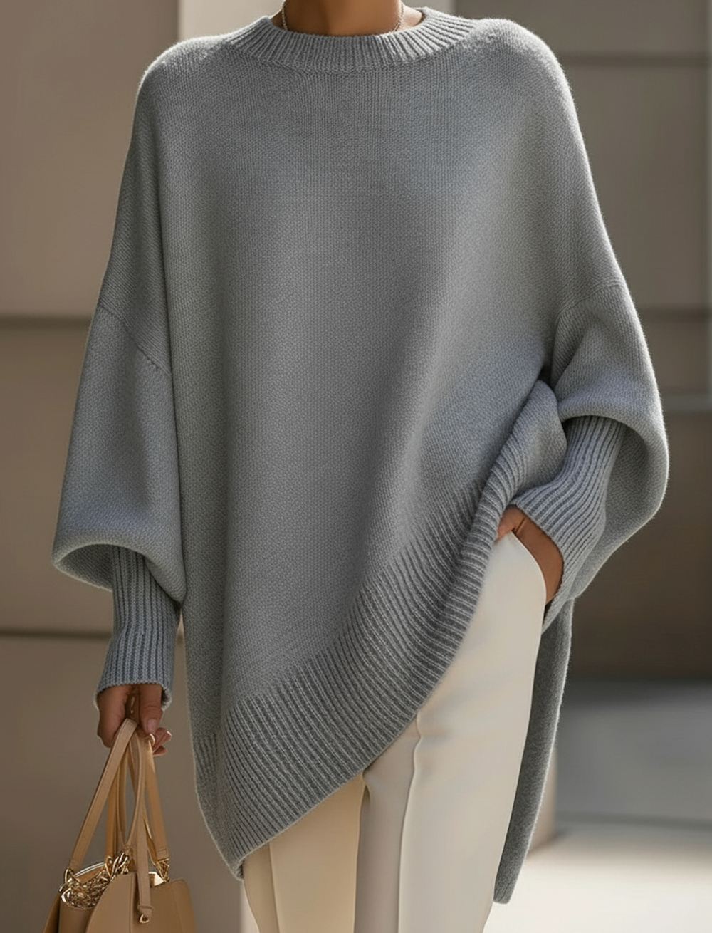 Claveth | Women's Oversized Knit Sweater Batwing Pullover - Grey - Image 2
