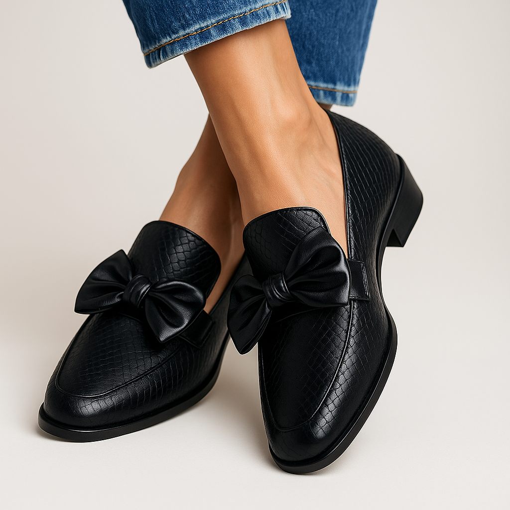 Corabel | Women's Bow Penny Loafers Black Slip-On Flats - Black - Image 1