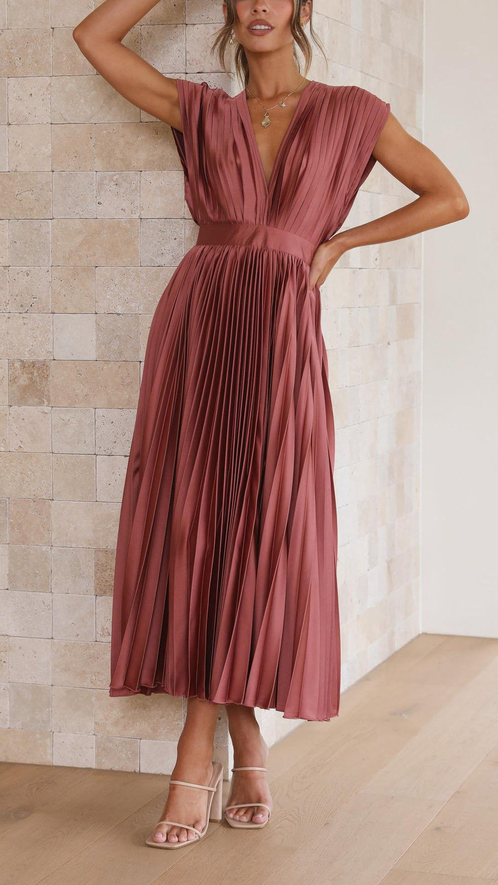 Corinna | Women's Fall Wedding Guest Pleated Midi Dress - Pink - Image 2