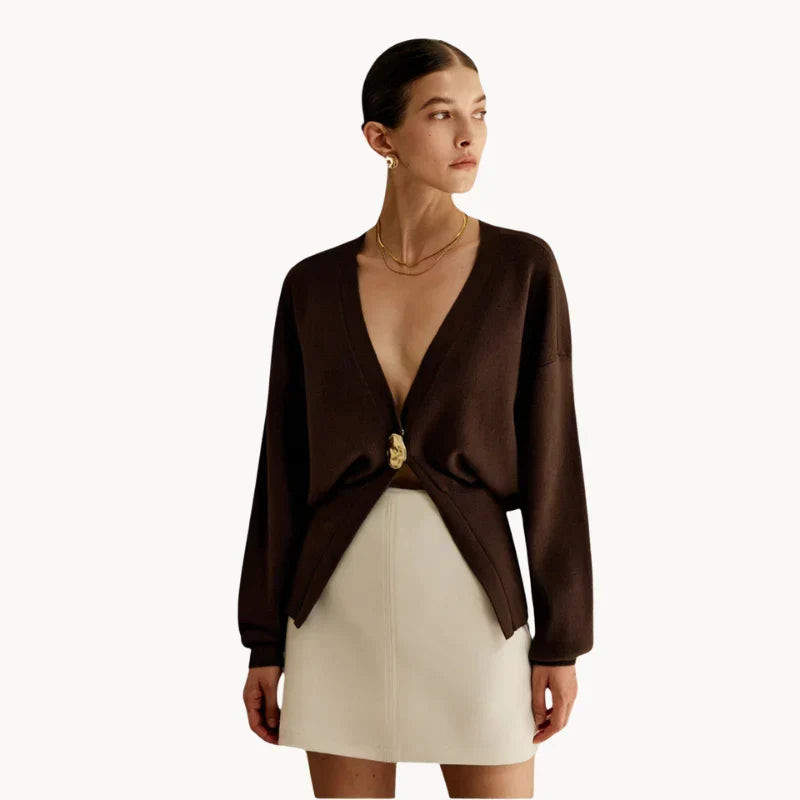 Corvelle | Women's V-Neck Cardigan Button - Dark Brown - Image 1