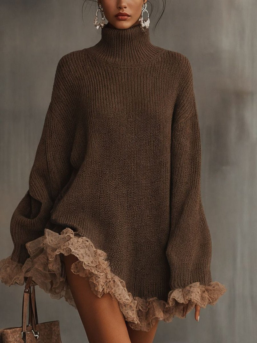 Cravenne | Women's Turtleneck Knit Sweater Dress - Brown - Image 1