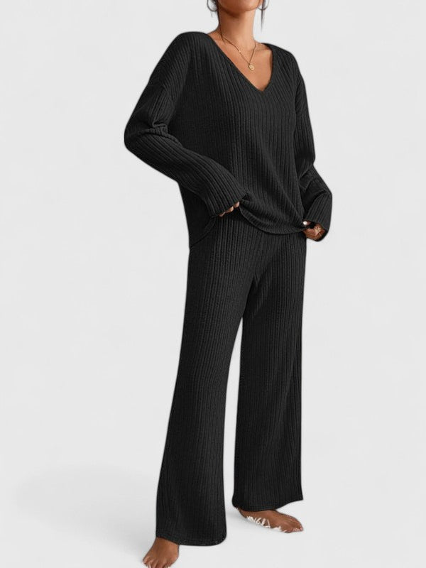 Cressalie | Women's Fleece Lounge Set with Wide-Leg Pants - Beige - Image 2