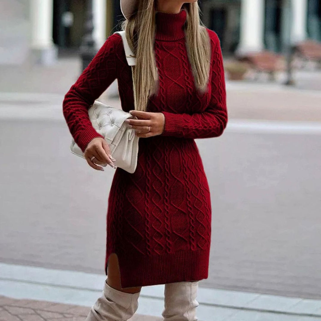 Cressava | Women's Cable Knit Turtleneck Sweater Dress - Red - Image 1