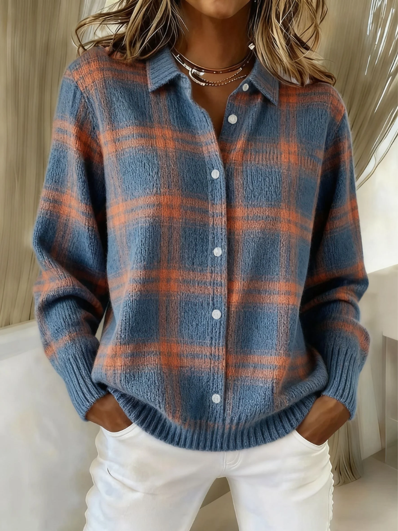 Darienne | Women's Plaid Button-Up Cardigan Sweater - Blue - Image 1