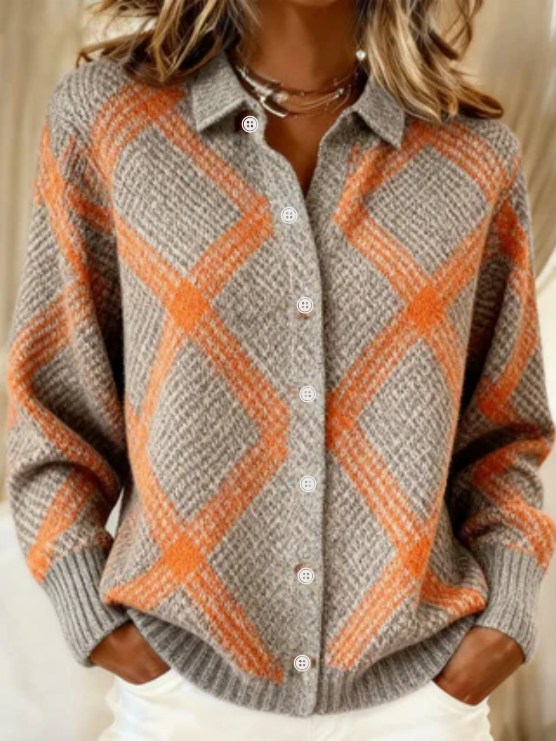Darlena | Women's Argyle Button-Up Cardigan Sweater - Grey - Image 1