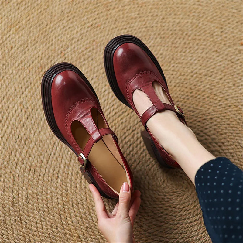 Darvelle | Women's T-Strap Mary Jane Flat Shoes - Burgundy - Image 1
