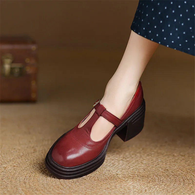 Darvelle | Women's T-Strap Mary Jane Flat Shoes - Burgundy - Image 2