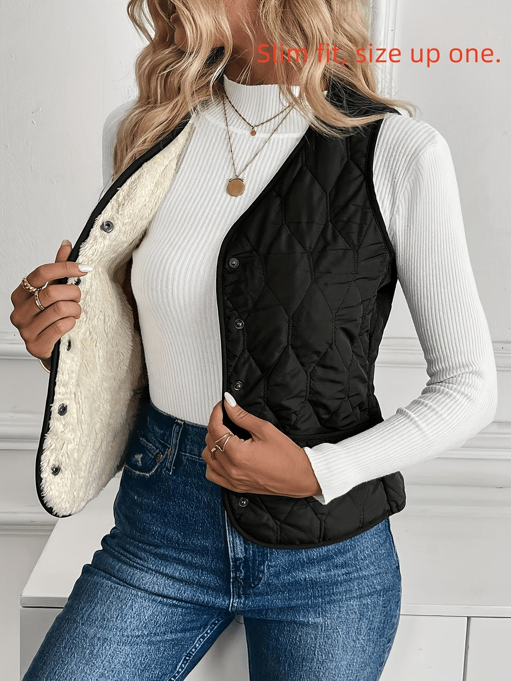 Darvenna | Women's Reversible Quilted Vest - Black - Image 2