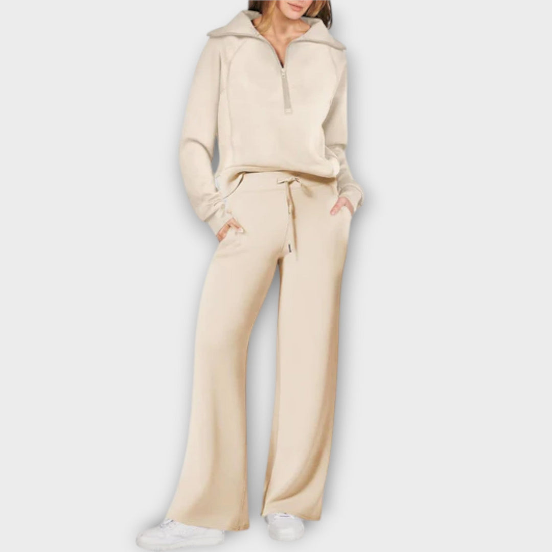 Delvora | Women's Fleece Loungewear Set with Wide Leg Pants - Cream - Image 1