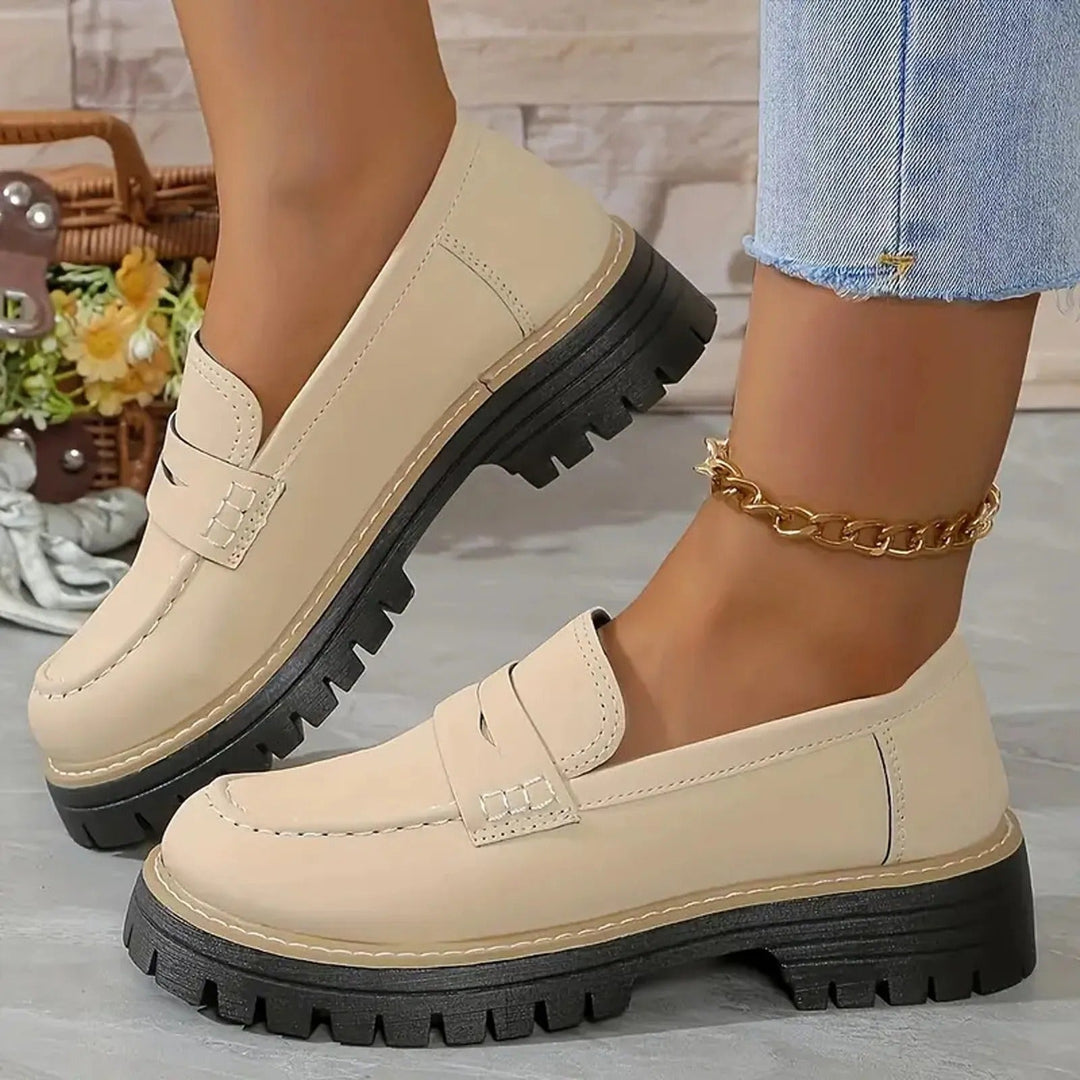 Delvwyn | Women's Chunky Platform Penny Loafers - Beige - Image 1