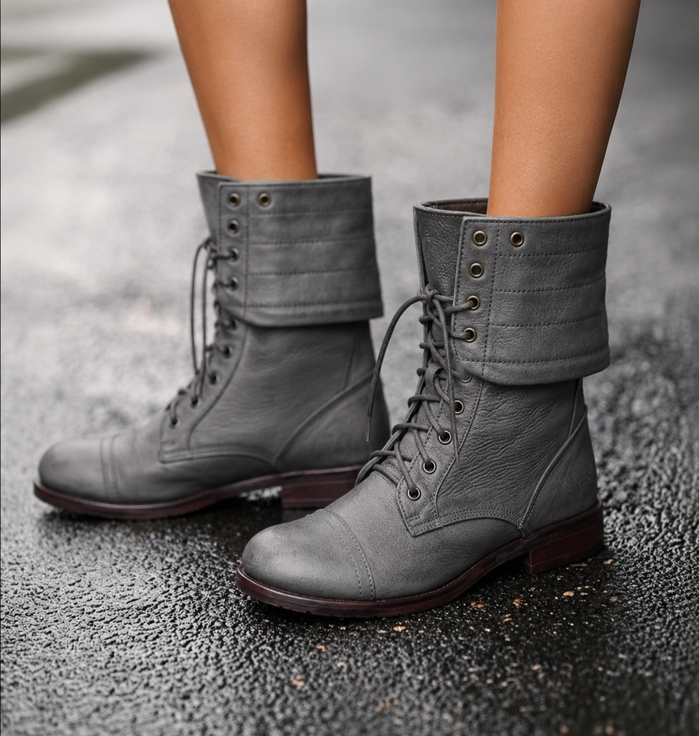 Delvwyn | Women's Lace-Up Combat Boots Mid-Calf - Burgundy - Image 2