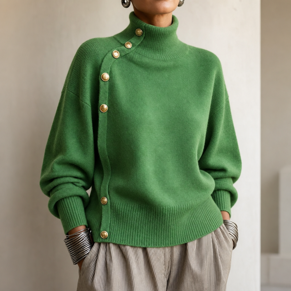Delvwyn | Women's Oversized Knit Sweater with Gold Buttons - Green - Image 1