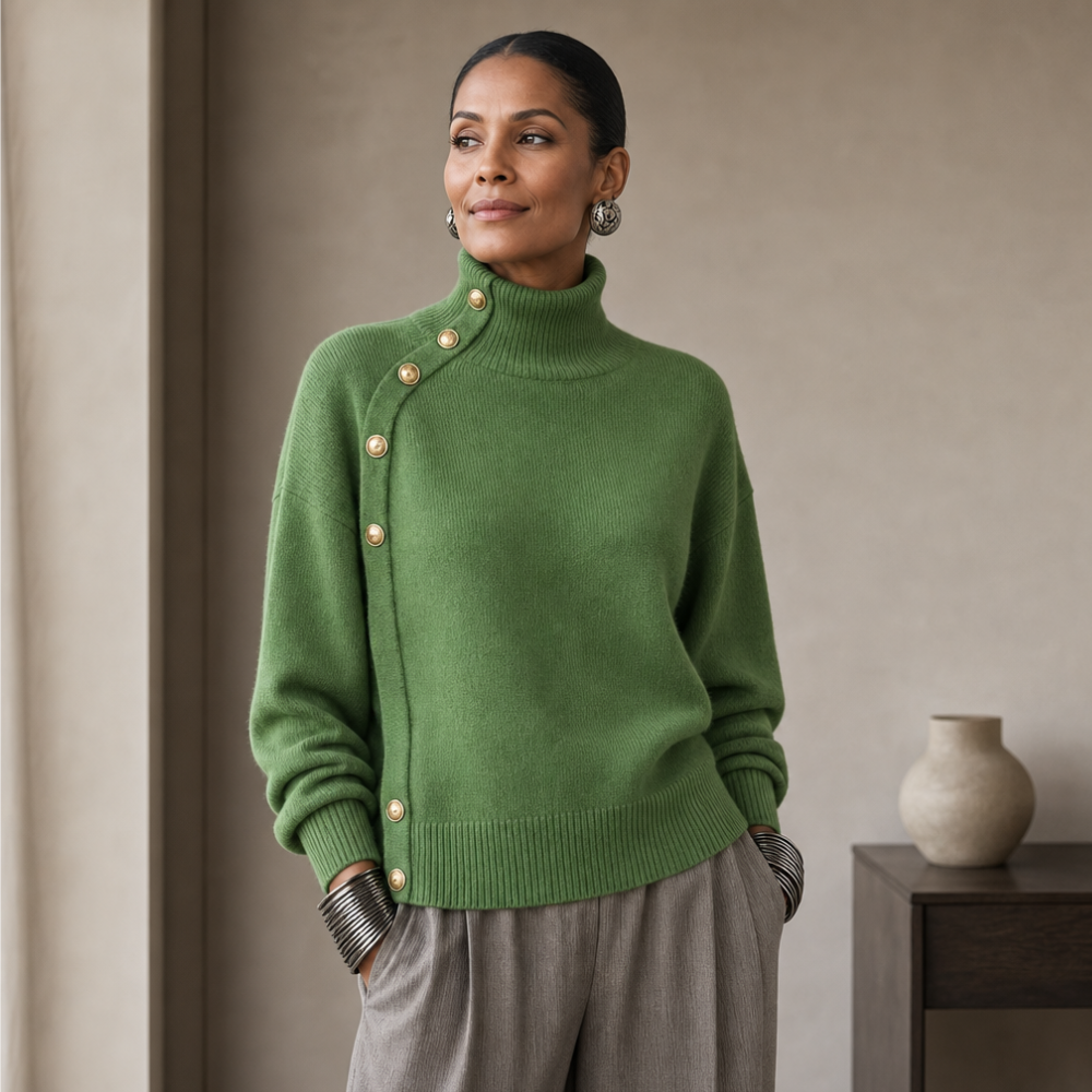 Delvwyn | Women's Oversized Knit Sweater with Gold Buttons - Green - Image 2