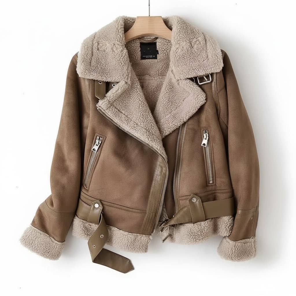 Dravelle | Women's Shearling Lined Moto Jacket - Camel - Image 1