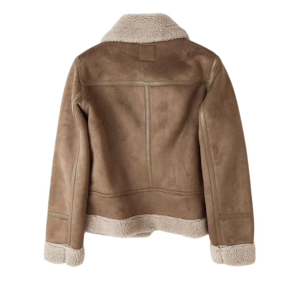 Dravelle | Women's Shearling Lined Moto Jacket - Camel - Image 2