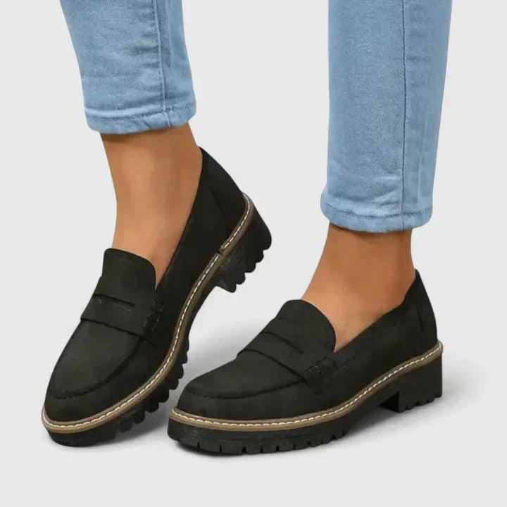 Dravena | Women's Penny Loafer Slip-On Flats - Black - Image 1
