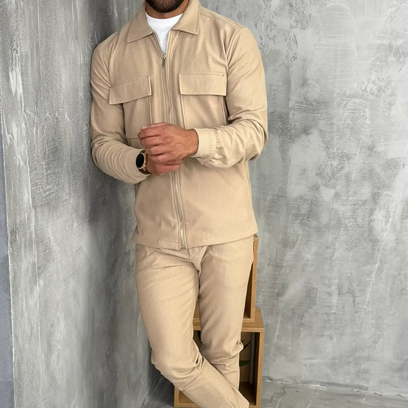 Draveth | Men's Ribbed Zip-Up Jogger Sweatpants Set - Beige - Image 1