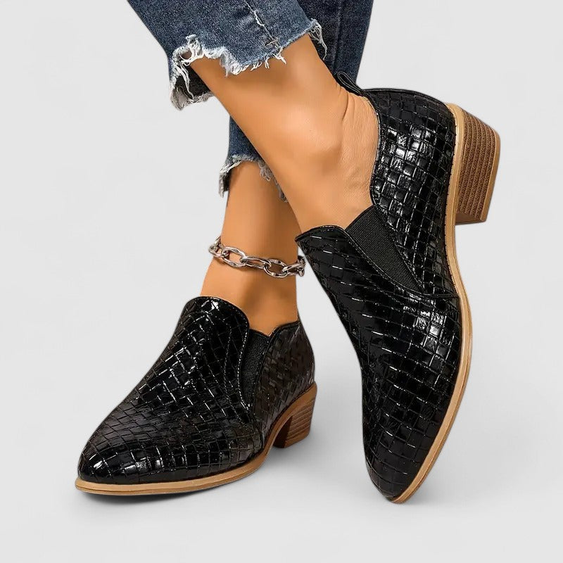 Drevona | Women's Penny Loafers Block Heel Slip-On - Black - Image 1