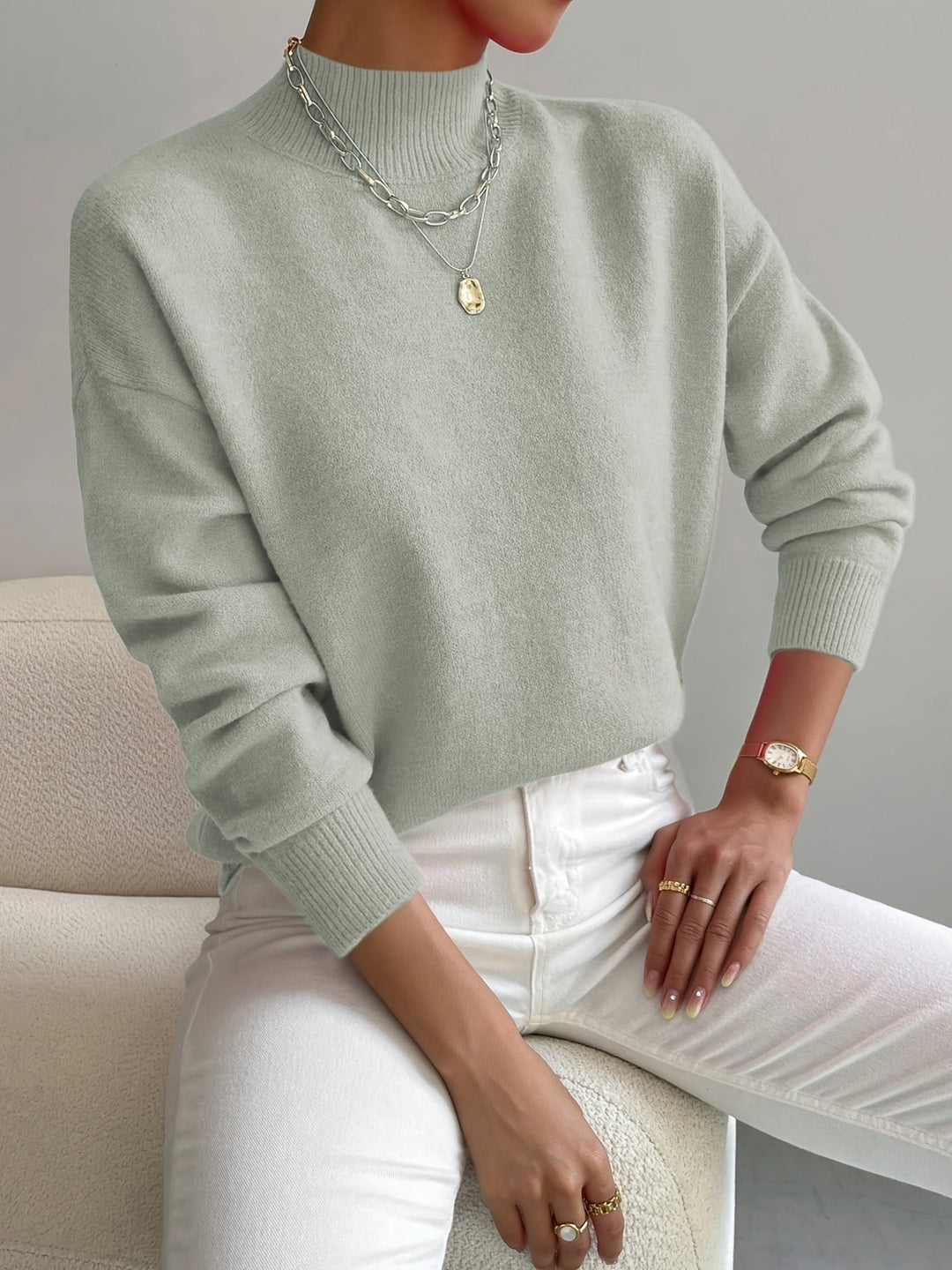 Fennara | Women's Oversized Knit Sweater Mock Neck - Sage - Image 1
