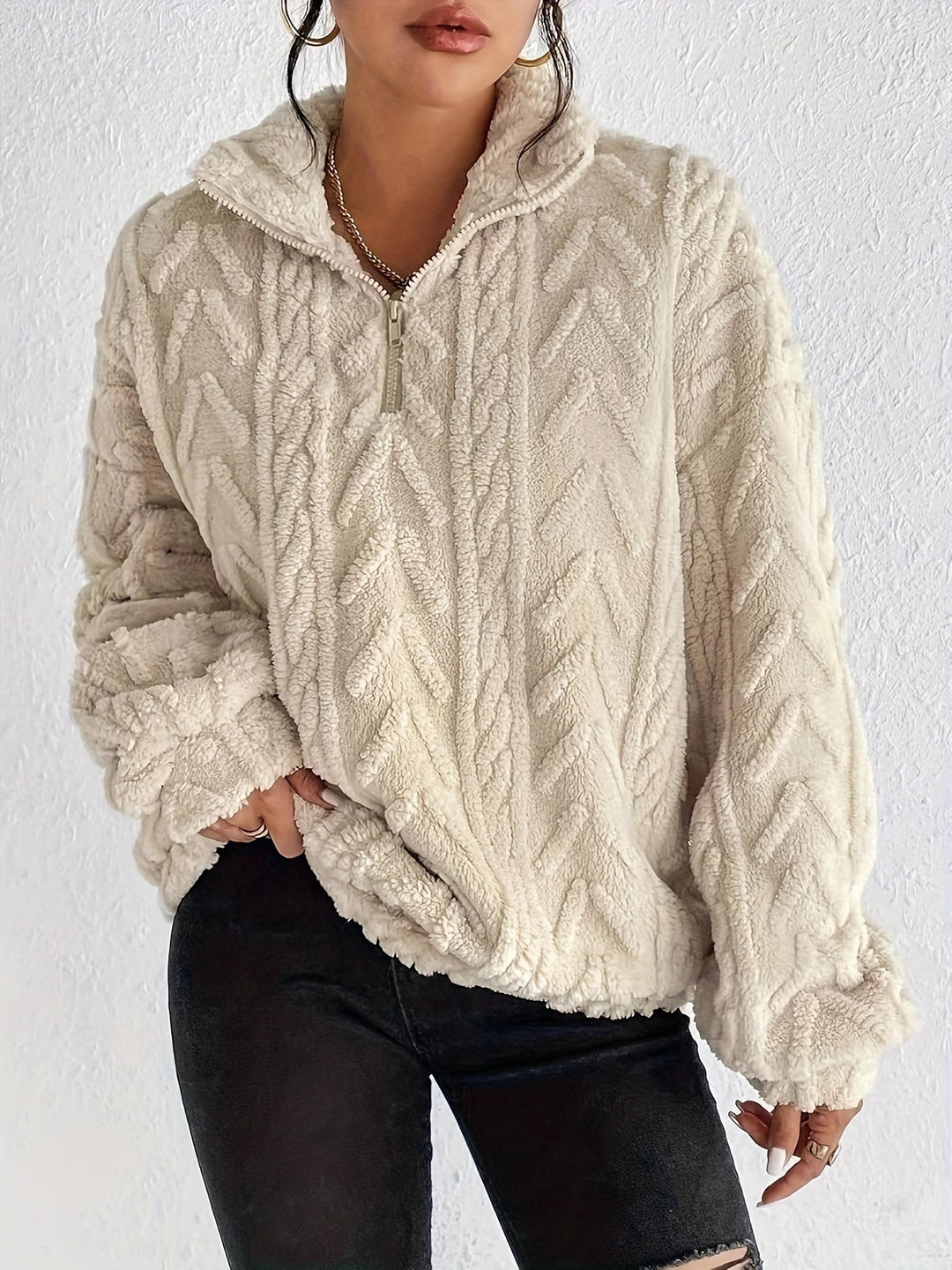 Fennora | Women's Oversized Fleece Quarter Zip Sweater - Cream - Image 1