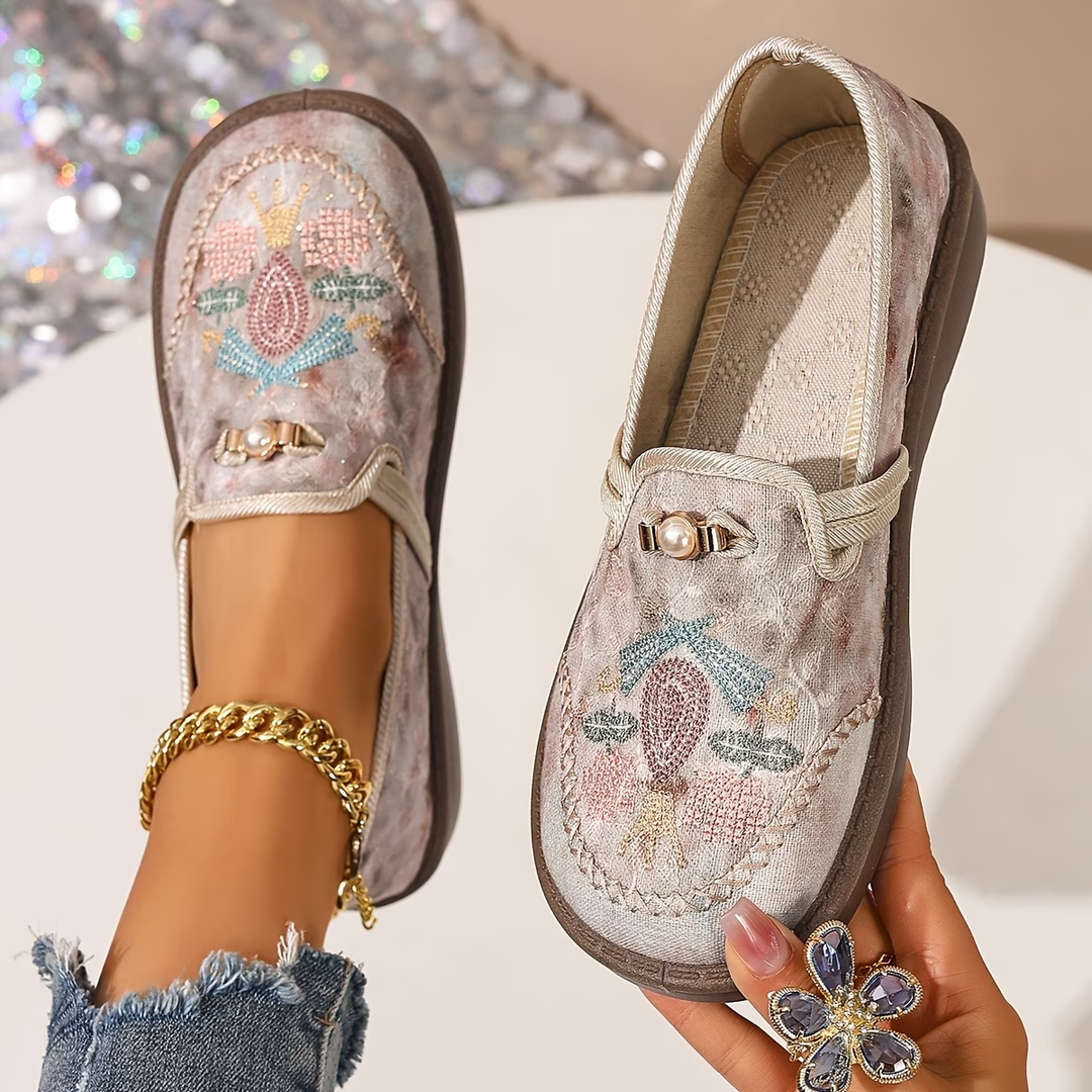 Garnett | Women's Embroidered Penny Loafers - Beige - Image 1
