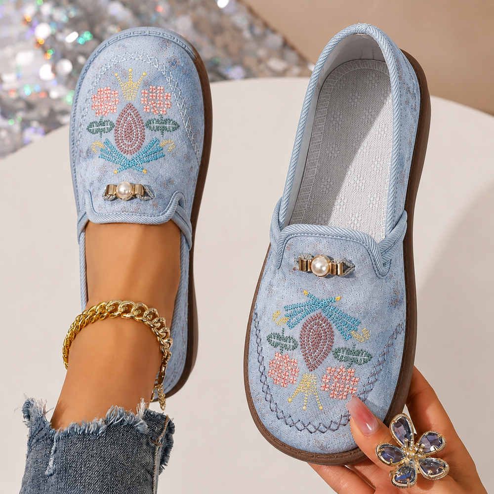 Garnett | Women's Embroidered Penny Loafers - Beige - Image 2