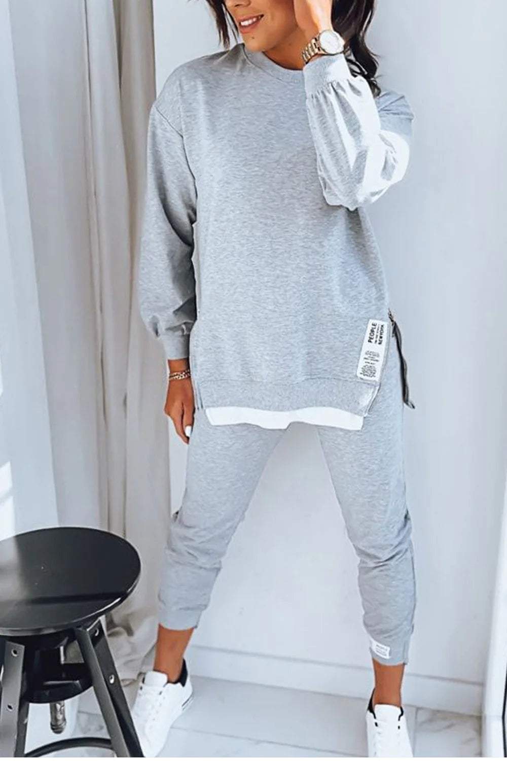 Gelvara | Women's Fleece Loungewear Two-Piece Set - Light Grey - Image 1