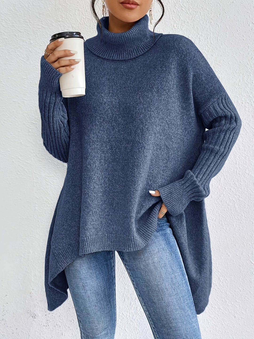 Halvara | Women's Oversized Turtleneck Knit Sweater - Blue - Image 1